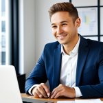 A focused professional entrepreneur, looking optimistic and confident, working at a clean, modern office desk with a laptop and a few business documents. The background features a bright, supportive office environment with subtle elements hinting at growth and innovation. The entrepreneur is dressed in a modest, contemporary business suit, fully clothed, appropriate attire, professional dress. The overall scene conveys financial stability and ease of doing business for new ventures. Perfect anatomy, correct proportions, natural pose, well-formed hands, proper finger count, natural body proportions, professional photography, studio lighting, high quality, safe for work, appropriate content, professional.