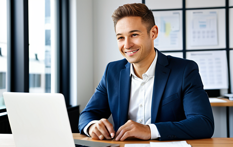 A focused professional entrepreneur, looking optimistic and confident, working at a clean, modern office desk with a laptop and a few business documents. The background features a bright, supportive office environment with subtle elements hinting at growth and innovation. The entrepreneur is dressed in a modest, contemporary business suit, fully clothed, appropriate attire, professional dress. The overall scene conveys financial stability and ease of doing business for new ventures. Perfect anatomy, correct proportions, natural pose, well-formed hands, proper finger count, natural body proportions, professional photography, studio lighting, high quality, safe for work, appropriate content, professional.