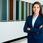 **

"A professional businesswoman in a modest business suit, standing confidently in a modern office lobby, fully clothed, appropriate attire, safe for work, perfect anatomy, natural proportions, professional photography, high quality, bright lighting, family-friendly."

**