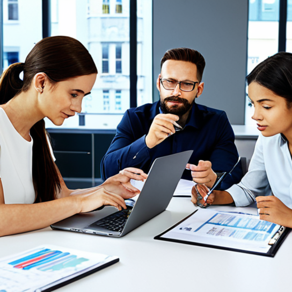 **

"A diverse team of fully clothed professionals collaborating around a table in a bright, modern office space. They are reviewing financial documents and charts on a laptop. The atmosphere is collaborative and focused.  Appropriate attire, safe for work, family-friendly, perfect anatomy, natural poses, high-resolution, professional photography."

**