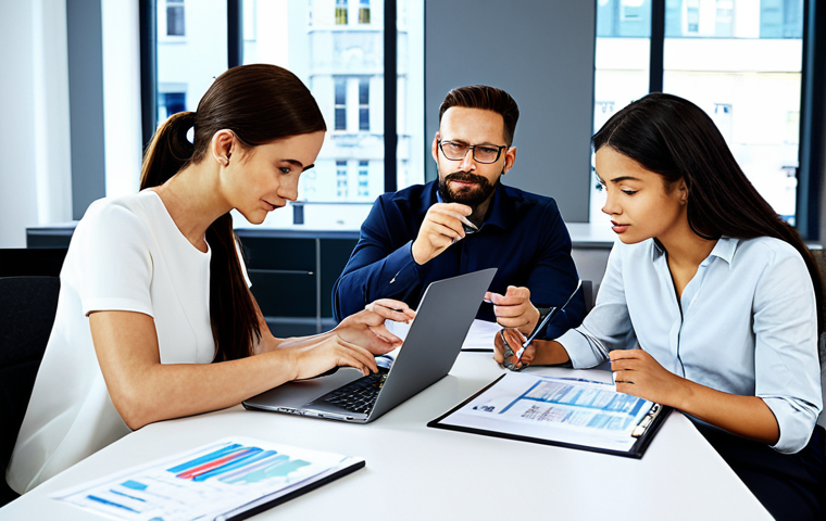 **
"A diverse team of fully clothed professionals collaborating around a table in a bright, modern office space. They are reviewing financial documents and charts on a laptop. The atmosphere is collaborative and focused. Appropriate attire, safe for work, family-friendly, perfect anatomy, natural poses, high-resolution, professional photography."
**