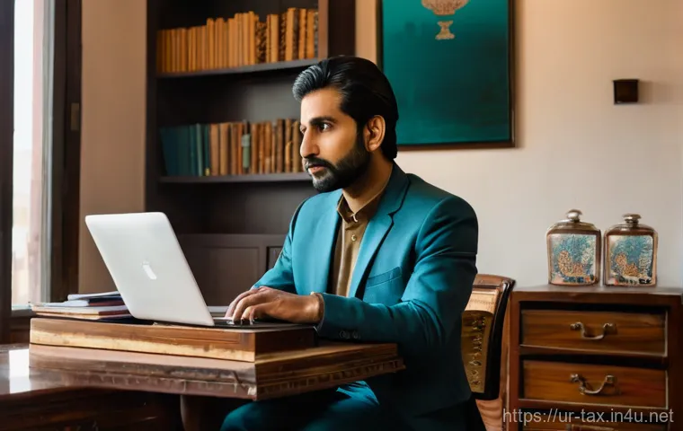 외국인 소득세 신고 요령 - **Prompt:** A thoughtful Pakistani man in his late 30s sits at a polished wooden desk in a modern, y...