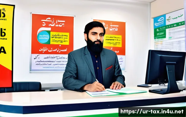 월세 세액공제 조건 - A professional Pakistani office scene showing a middle-aged man submitting tax documents at a modern...