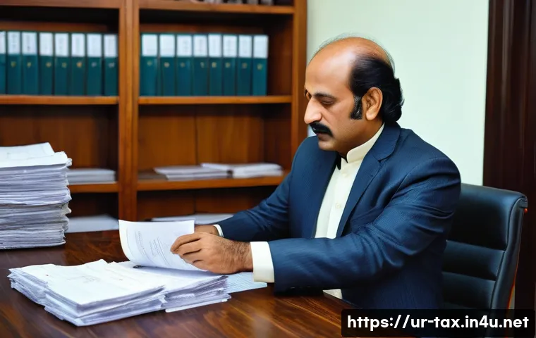 사업자 부가세 환급 사례 - A professional Pakistani business office scene showing a middle-aged man carefully organizing VAT re...
