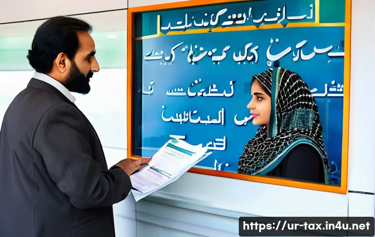 세금 환급 계좌 등록 방법 - A modern Pakistani bank branch interior scene showing a customer carefully verifying bank account de...