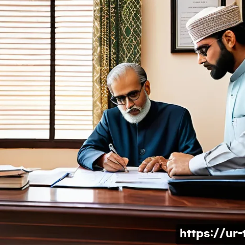 세금 체납 시 재산 압류 - A professional office scene in Pakistan showing a middle-aged man consulting with a tax advisor abou...