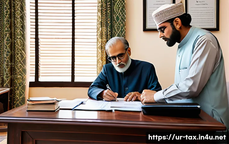 세금 체납 시 재산 압류 - A professional office scene in Pakistan showing a middle-aged man consulting with a tax advisor abou...