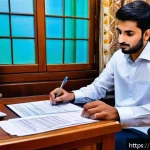 Home 22 스타트업 세무 관리 - A modern small business office scene in Pakistan featuring a young entrepreneur reviewing organized ...