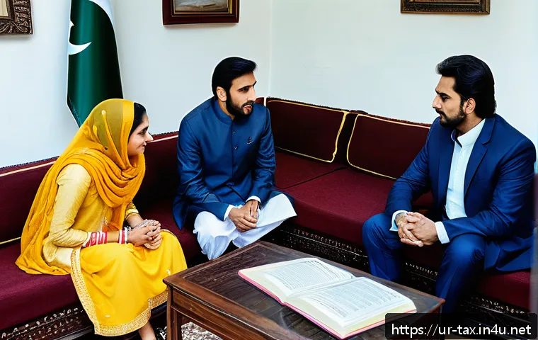 상속세 면제 조건 - A professional Pakistani family meeting scene in a modern living room, discussing inheritance tax pl...