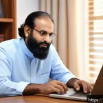 Home 20 주택임대사업자 세금 혜택 - A modern Pakistani landlord sitting at a sleek wooden desk in a well-lit home office, reviewing digi...
