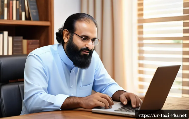 주택임대사업자 세금 혜택 - A modern Pakistani landlord sitting at a sleek wooden desk in a well-lit home office, reviewing digi...