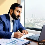 Home 19 퇴직연금 세제 혜택 - A professional Pakistani man in his mid-40s sitting at a modern desk with documents and a laptop, re...
