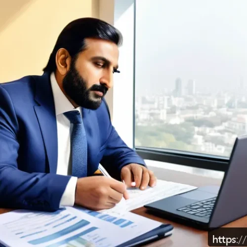 Home 31 퇴직연금 세제 혜택 - A professional Pakistani man in his mid-40s sitting at a modern desk with documents and a laptop, re...