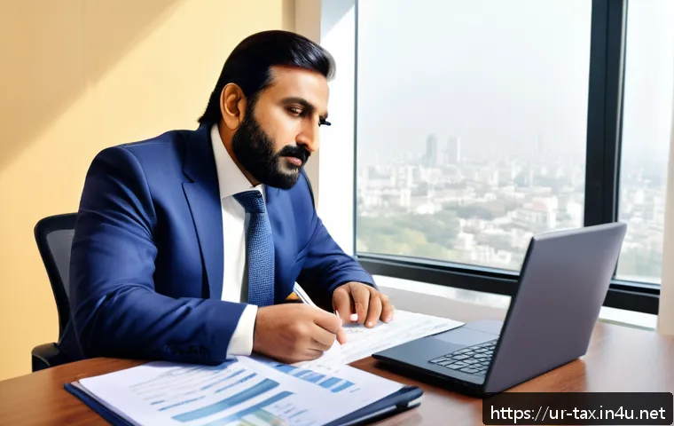 퇴직연금 세제 혜택 - A professional Pakistani man in his mid-40s sitting at a modern desk with documents and a laptop, re...