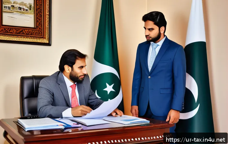 해외송금 세금 문제 - A professional office scene featuring a South Asian financial advisor consulting a Pakistani client ...