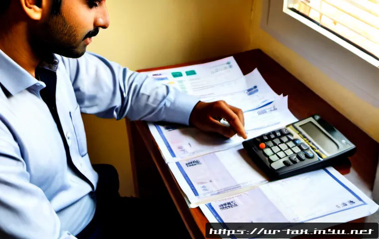 Home 17 근로소득세 공제 항목 - Photorealistic Pakistani office worker reviewing income tax deduction paperwork at a tidy home desk,...